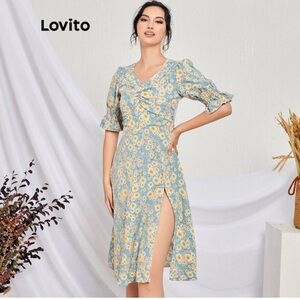 Cute Floral Print V Neck Split Thigh Dress